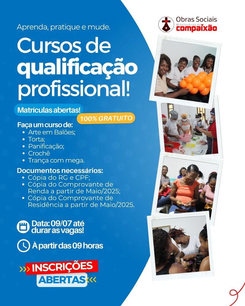 A Obras Sociais Missionários da Compaixão abrem inscrições para cursos gratuitos!