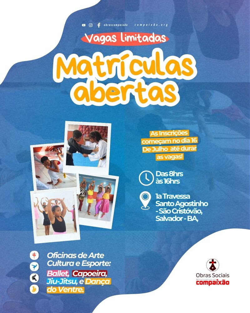 A Obras Sociais Missionários da Compaixão abrem inscrições para cursos gratuitos!